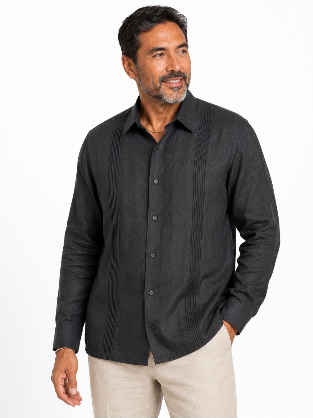 Cubavera 100% Linen Guayabera Shirt Mens XXL Black Long Sleeve Button Front